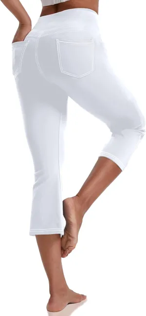 VOOVEEYA Women's Capri Leggings, Yoga Capris Pants with Pockets Stretchy Crop Pants High Waisted Straight Leg 21"