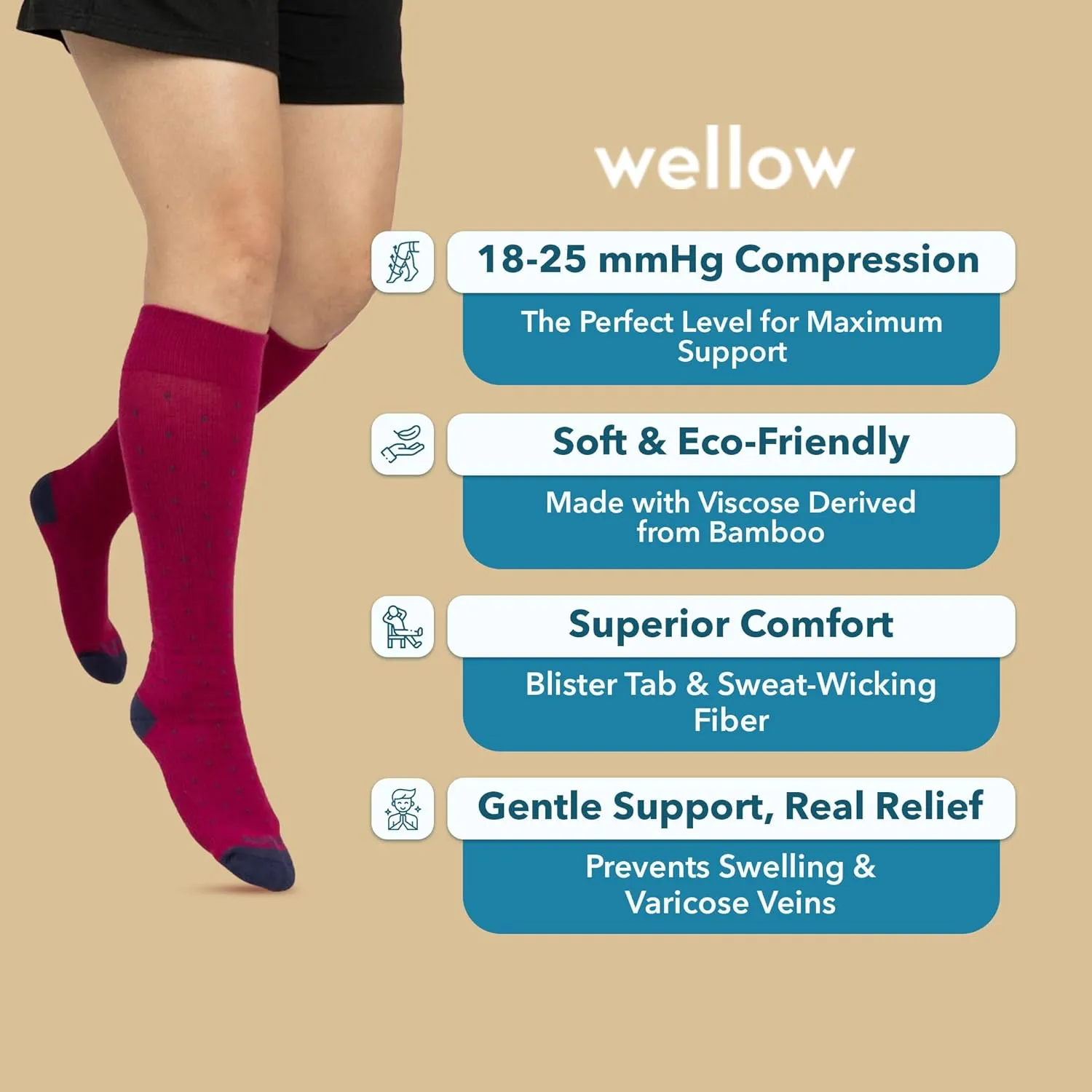 Wellow Regular Compression Socks for Men & Women, Knee High Support, 18-25 mmHg, Made with Viscose from Bamboo